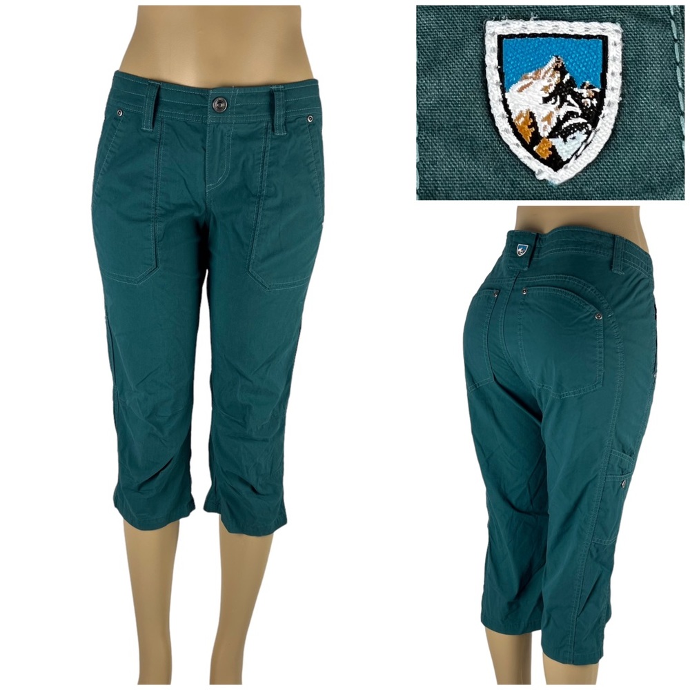 Kuhl Womens 4 Free Range Pants Stretch Outdoor Hiking Capri Green Cotton Blend